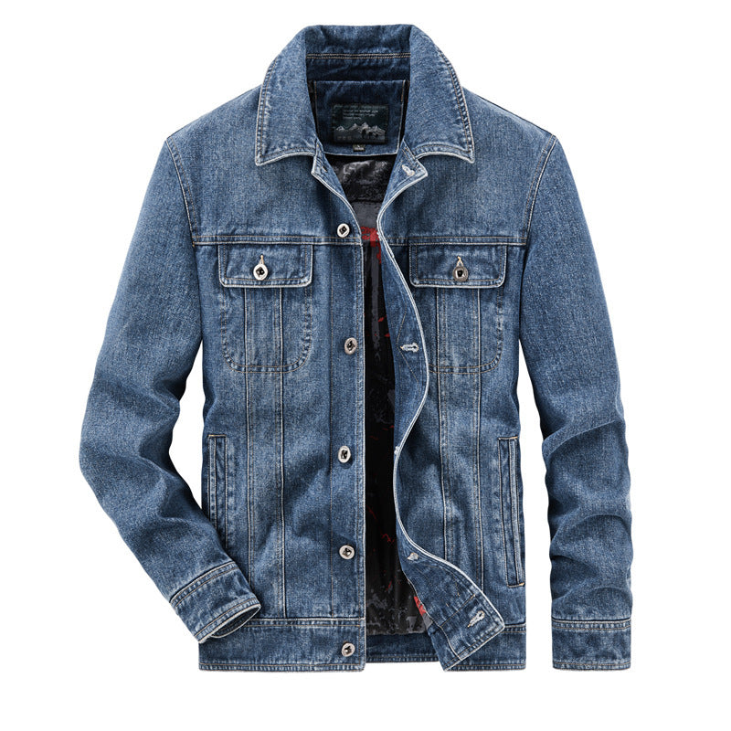 Men's washed denim work jacket with printed lining and chest flap pockets Chichicherry
