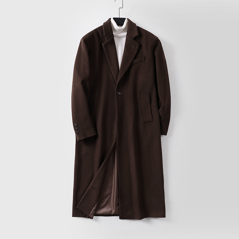 Men's Elegant Long Single-Breasted Wool Coat with Narrow Lapels and Tailored Silhouette Chichicherry