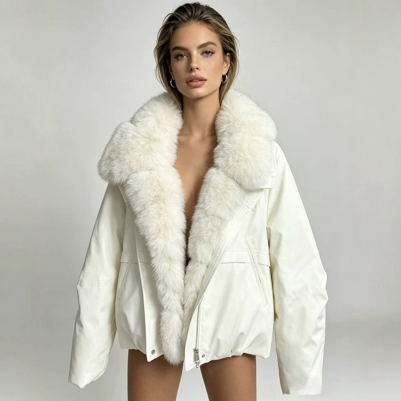 Women's tailored parka bomber jacket with voluminous faux fur collar and windproof outer shell Chichicherry