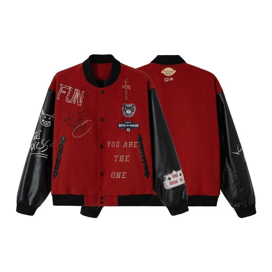 Unisex Varsity Bomber Jacket in College Look with Wool Blend Body and Faux Leather Sleeves Chichicherry