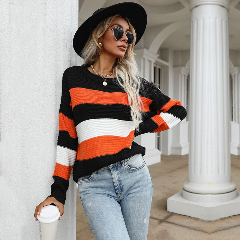 Women's Oversize Ribbed Knit Pullover with Wide Block Stripes and Round Neck