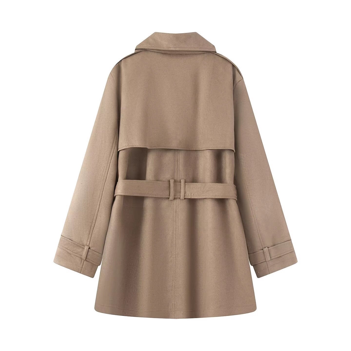 Women's Tailored Suede Look Trench Coat with Belt and Double Breasted Button Placket Chichicherry