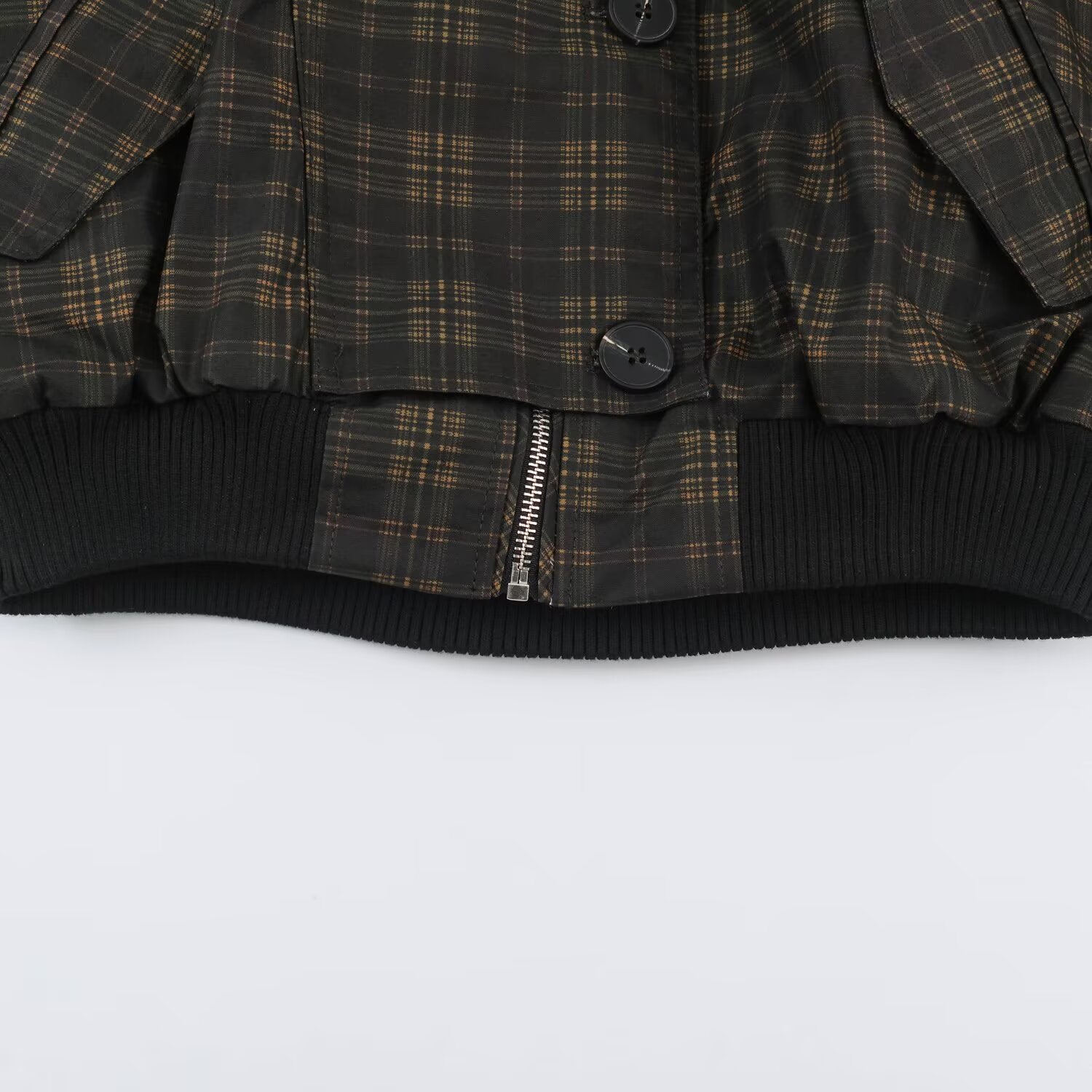 Ladies Checked Cropped Bomber with Wide Balloon Sleeves and High Stand-Up Collar Chichicherry