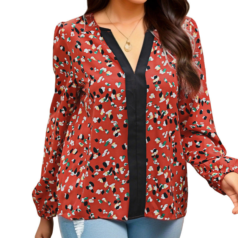 Women's Loose Fit V-Neck Blouse with Contrasting Trim and Allover Print