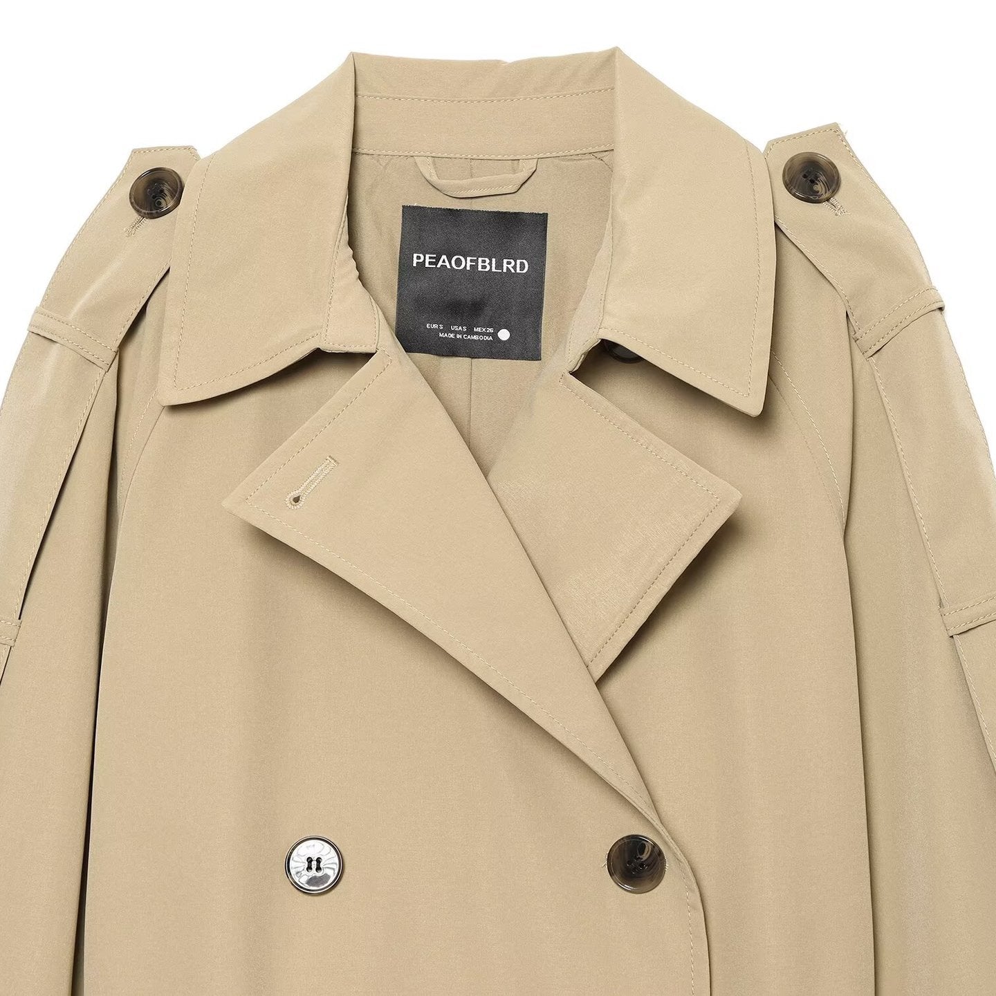 Women Double-breasted Trench Coat with Removable Cape Sleeves and Waist Belt Chichicherry