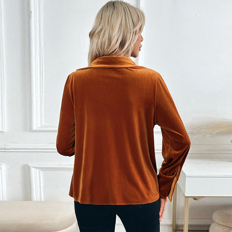 Women's velvet blouse with waterfall draping, shirt collar, and balloon sleeves Chichicherry