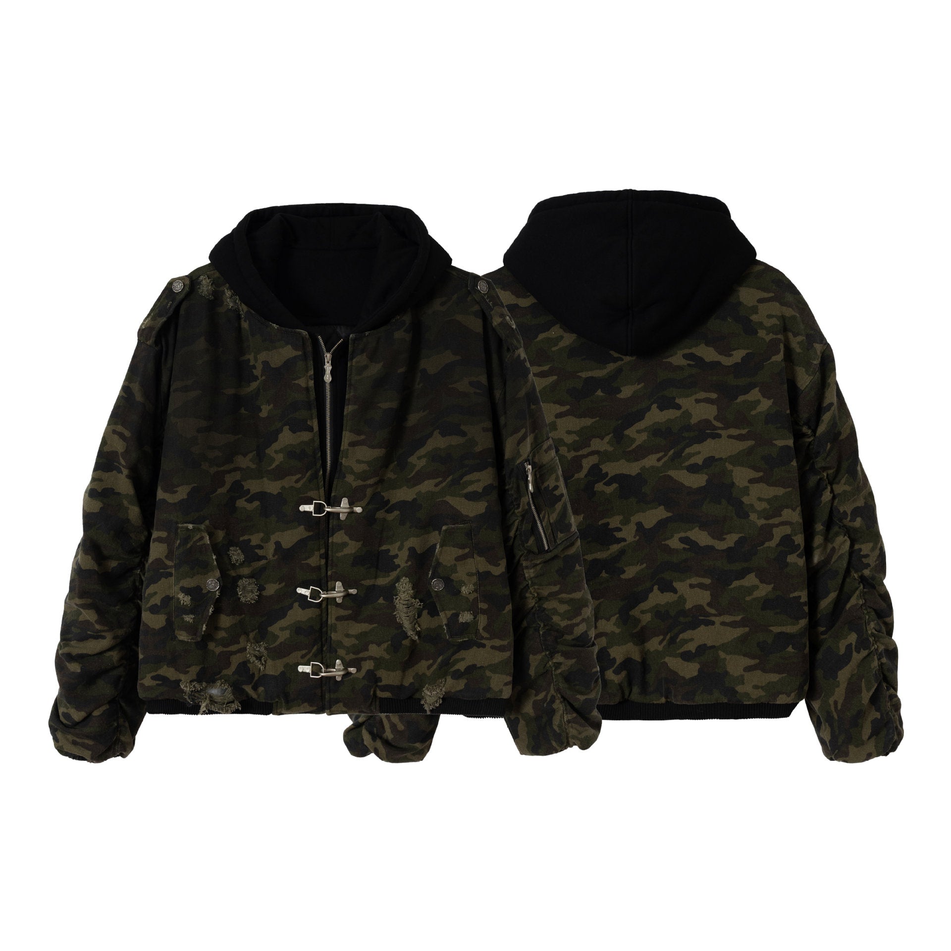 Men's Camouflage Utility Bomber Jacket with Hood, Distressed Details and Hook Closure Chichicherry