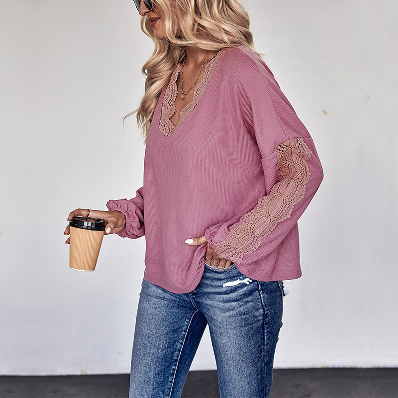 Women's Loose Shirt with V-Neck, Lace Trim and Balloon Sleeves Chichicherry