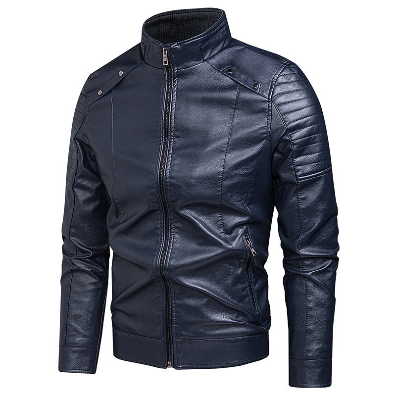 Men's Slim Faux Leather Moto Jacket with Ergonomic Seams and Stand Collar Chichicherry