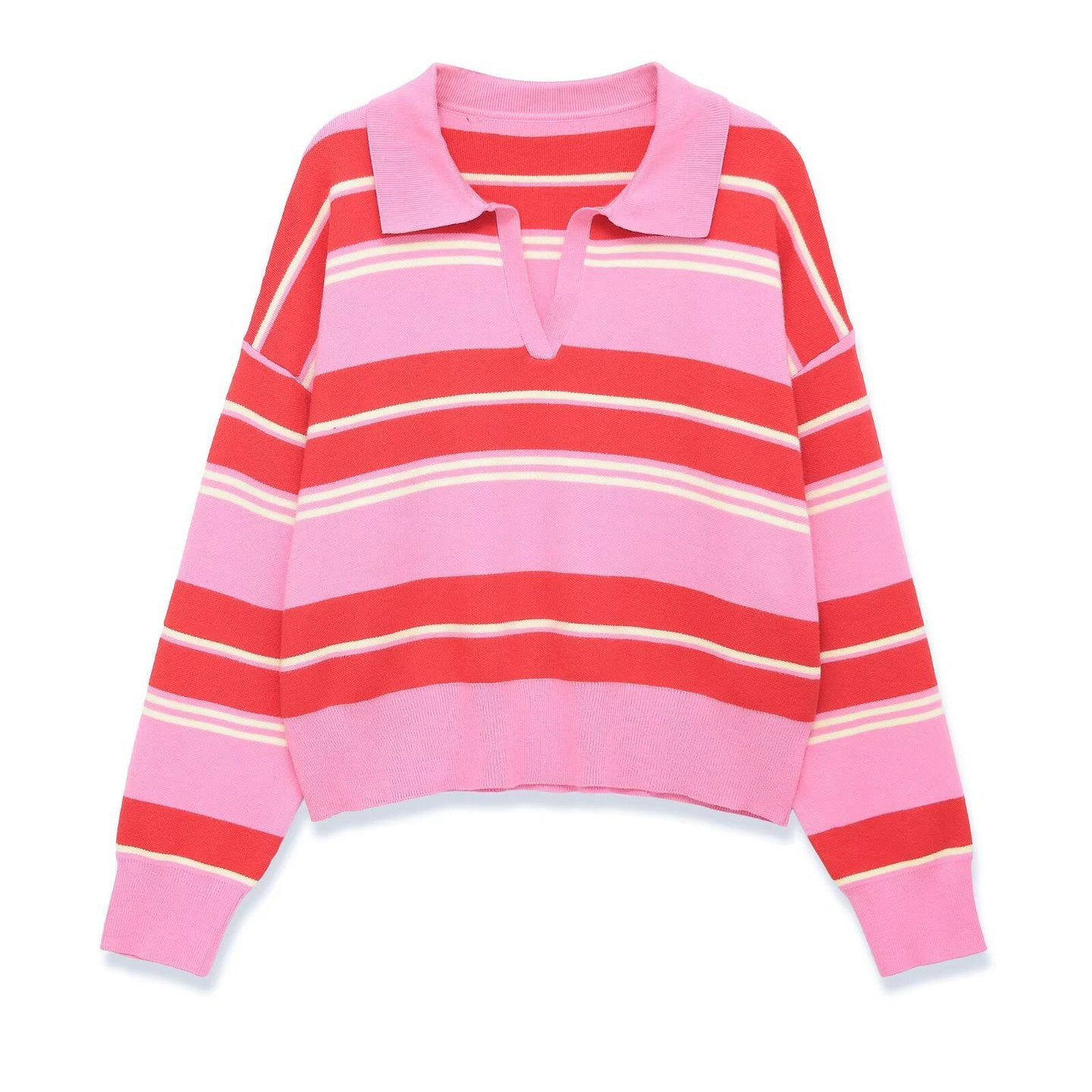 Women's Striped Polo Collar Sweater with Boxy Fit and V-Neck Chichicherry