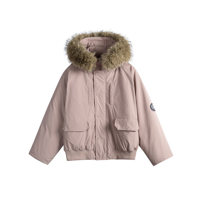 Women's short bomber jacket with thermal padding, hood with removable faux fur and utility pockets Chichicherry