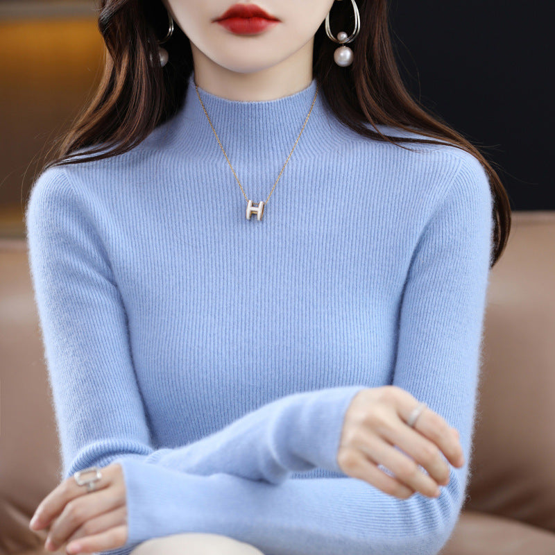 Women's Narrow Mock Neck Fine Knit Sweater with Extra Fine Ribbed Structure and Cashmere Look Chichicherry