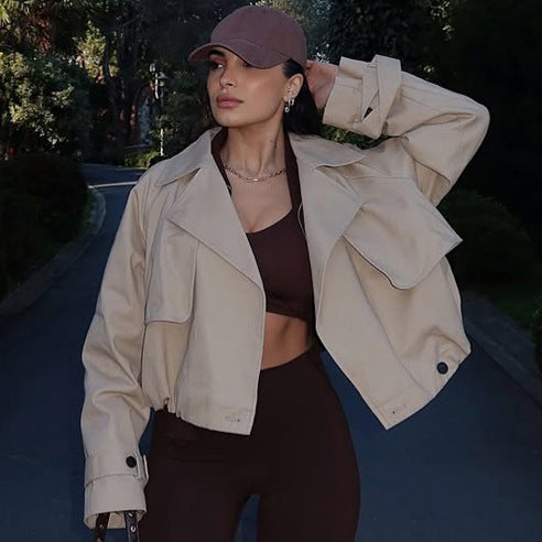 Women's Lightweight Cropped Transition Jacket in Utility Style with Shirt Collar and Drawstring Hood