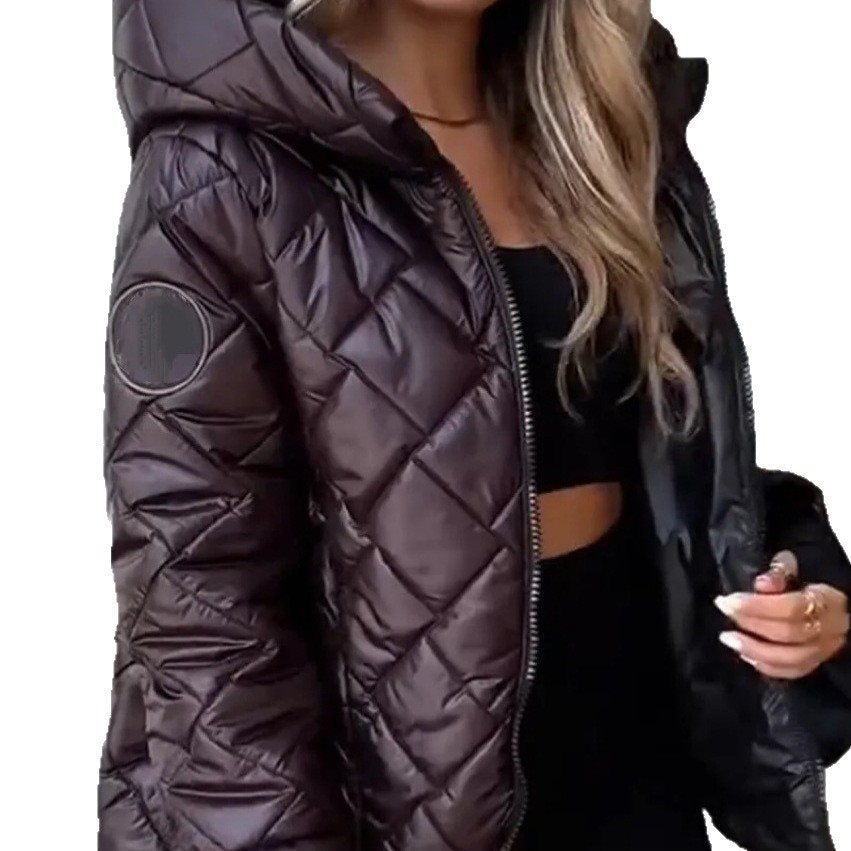 Women's Padded Hooded Quilted Jacket with Check Quilting, Light Thermal Filling and Full-Length Zipper Chichicherry