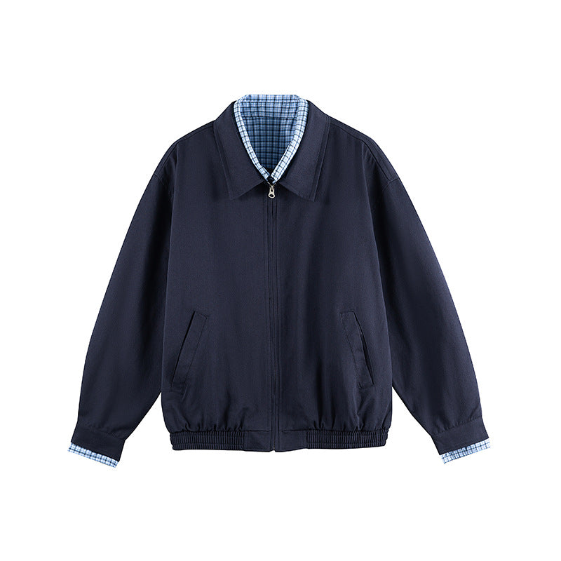 Men's Lightweight Bomber Jacket with Zipper, Checked Lined Collar and Elastic Hem Chichicherry