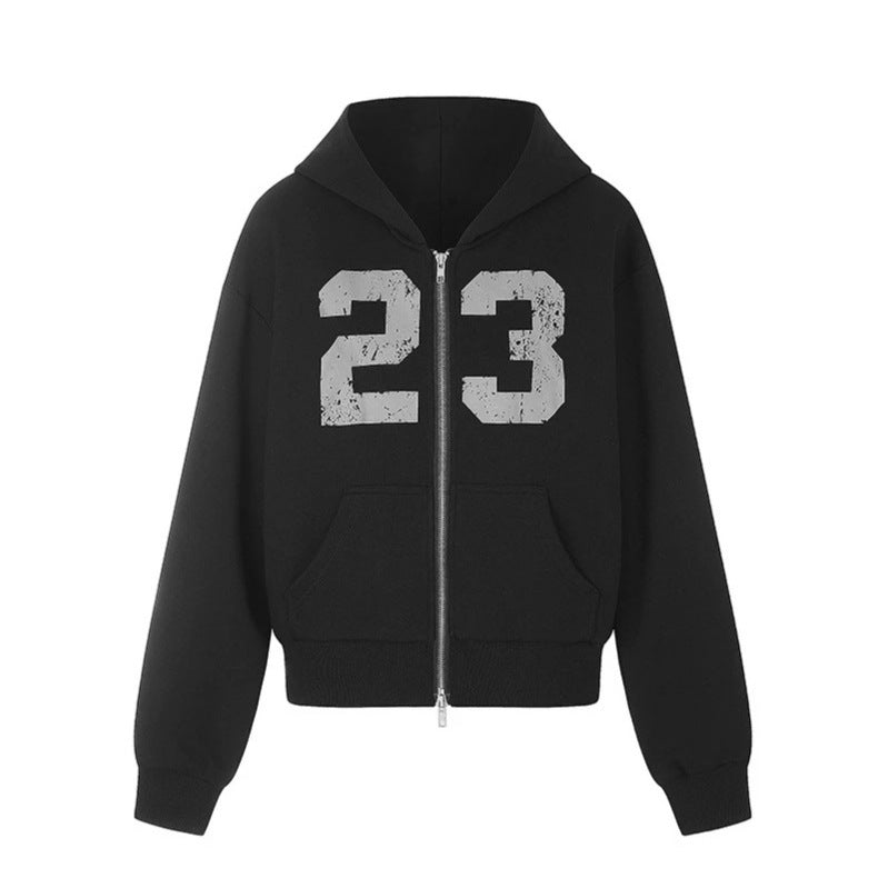 Women's Hooded Sweat Jacket in Retro Sports Style with Used Front Print and Kangaroo Pockets Chichicherry