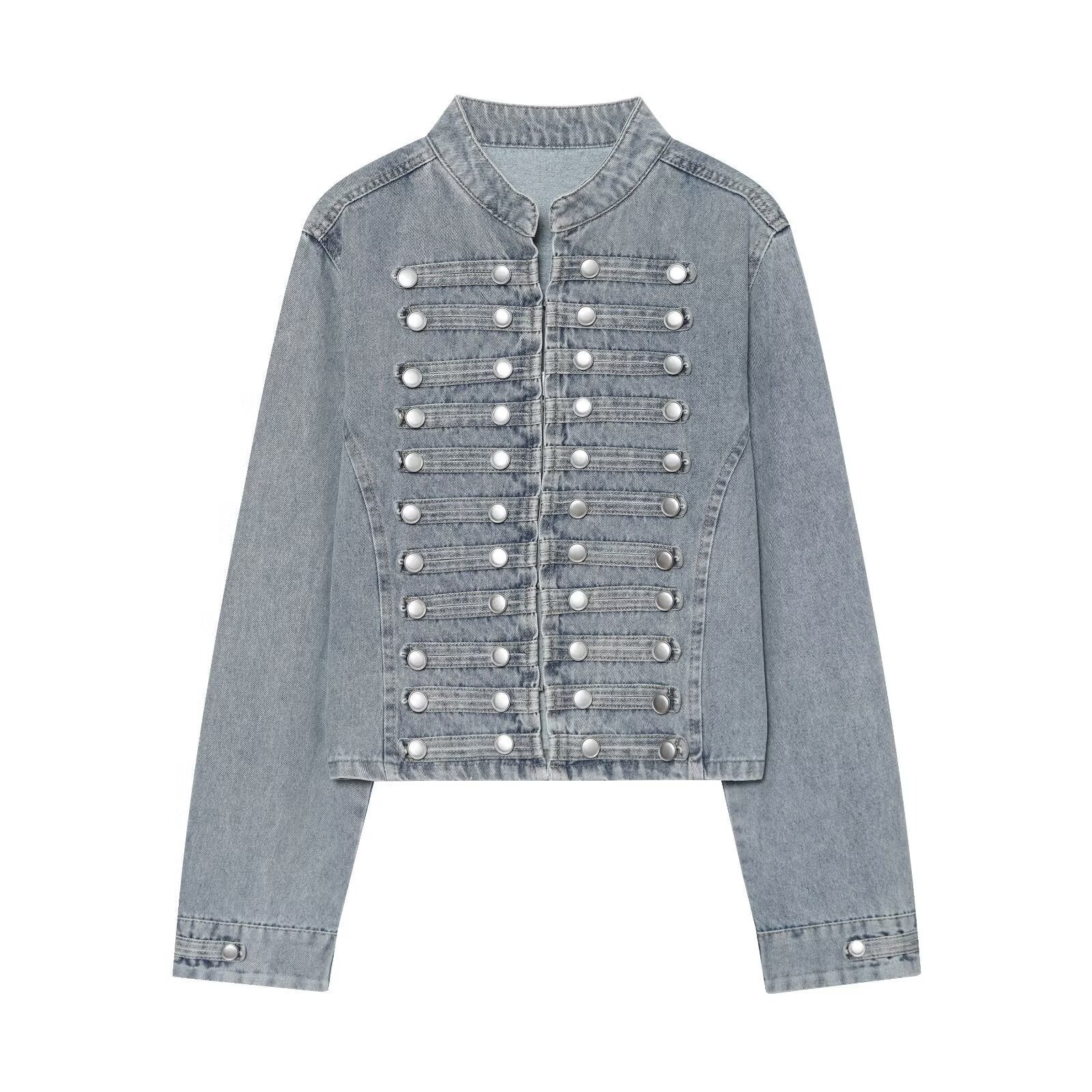 Ladies short cut denim jacket in military style with stand-up collar and decorative button rows Chichicherry