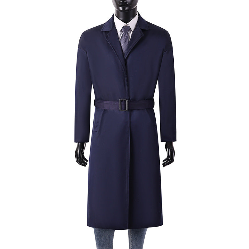 Men's Long Minimalist Trench Coat with Concealed Button Placket and Side Pockets Chichicherry