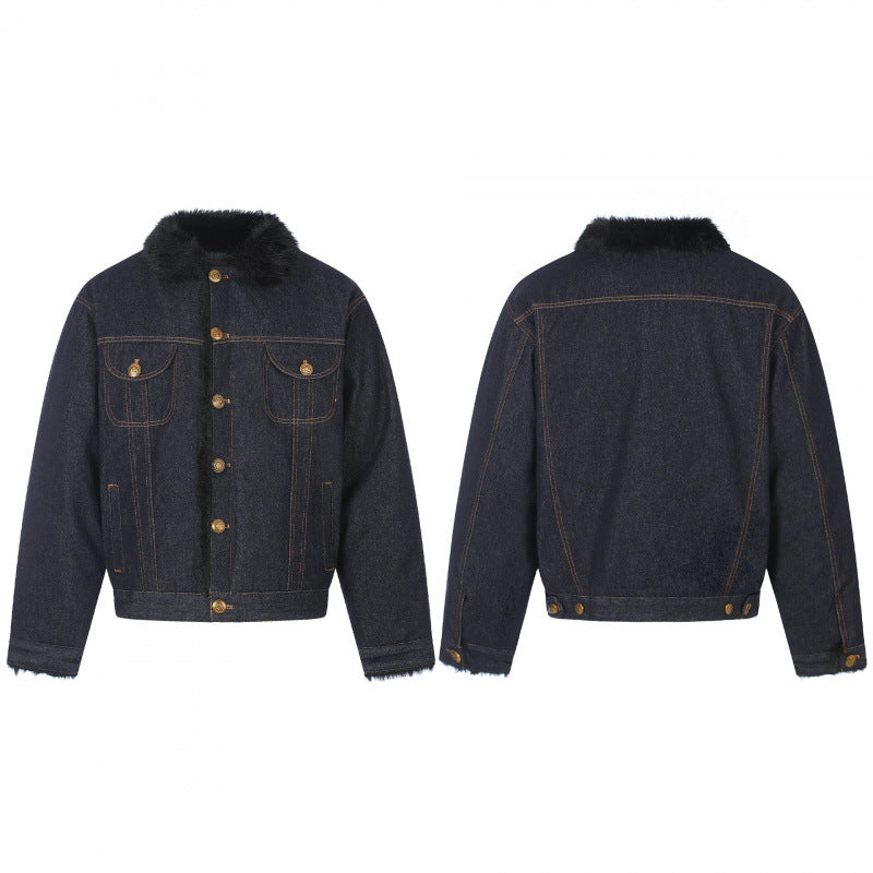 Men's short-cut denim jacket with faux fur collar and teddy lining look Chichicherry