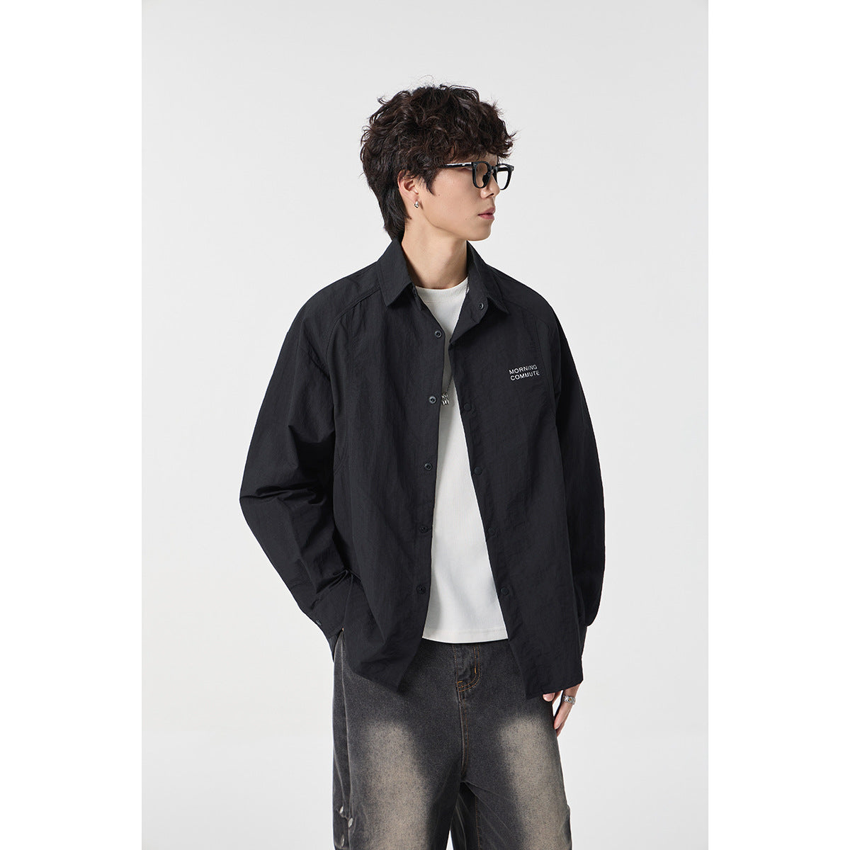 Unisex Relaxed Coach Shirt Jacket with Kent Collar, Snap Button Placket and Minimal Chest Print Chichicherry