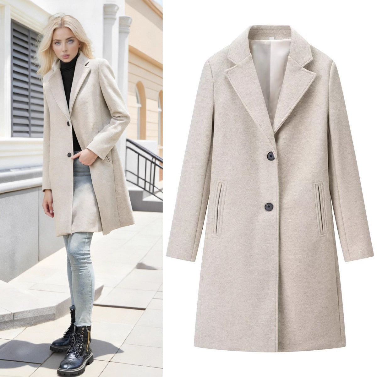 Women's Longline Single-Breasted Wool Blend Coat with Notched Collar and Welt Pockets Chichicherry