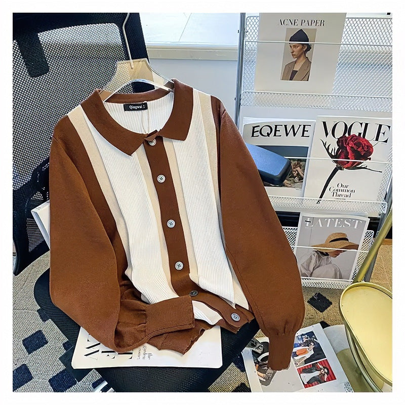 Damen Feinstrick-Cardigan mit Polokragen, kontrastierenden Rippeinsätzen und durchgehender Knopfleiste Chichicherry