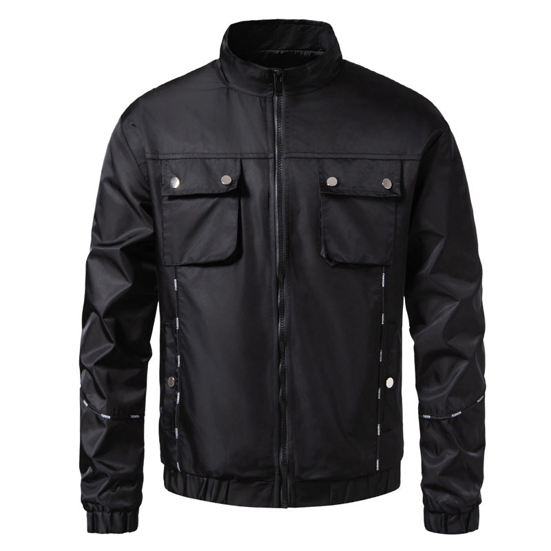 Men's Lightweight Utility Bomber Jacket with Flap Pockets, Stand-Up Collar, and Elastic Hem Chichicherry