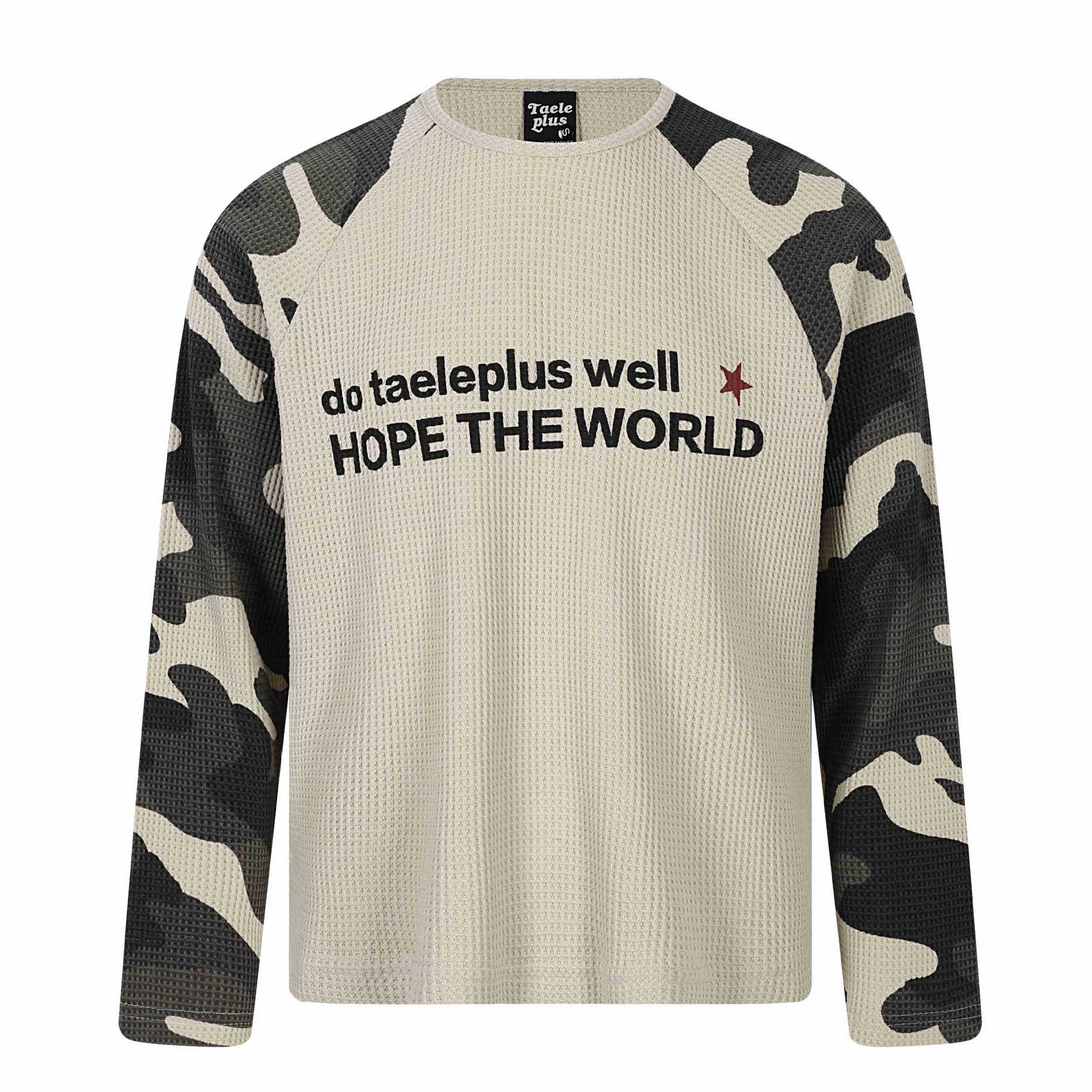 Unisex Waffle Knit Long Sleeve Shirt with Raglan Sleeves and Camouflage Details Chichicherry