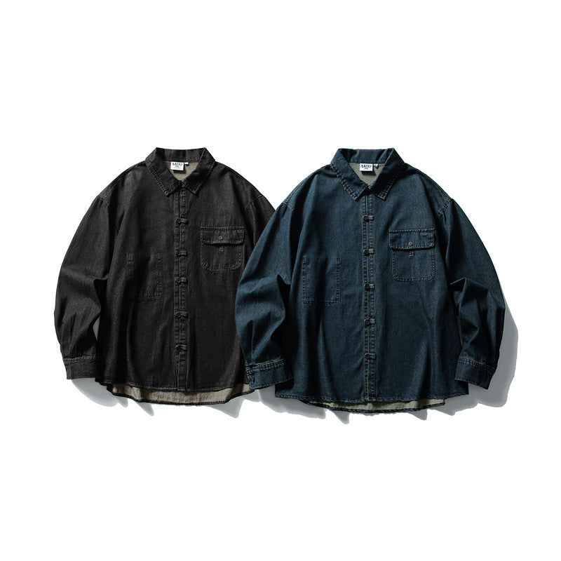 Men's Oversized Denim Jacket with Traditional Knot Buttons Chichicherry