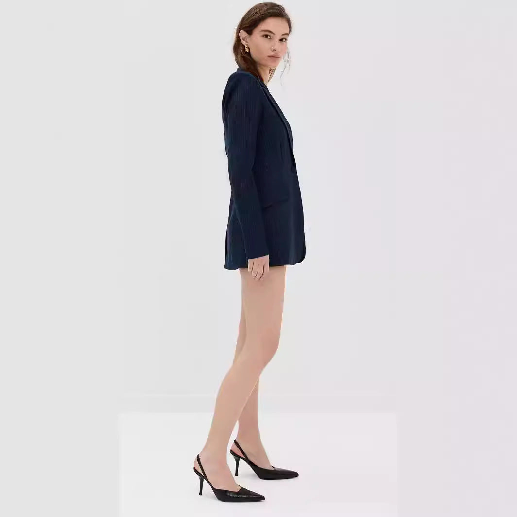 Women's mini blazer dress in pinstripe tailoring with deep shawl collar Chichicherry
