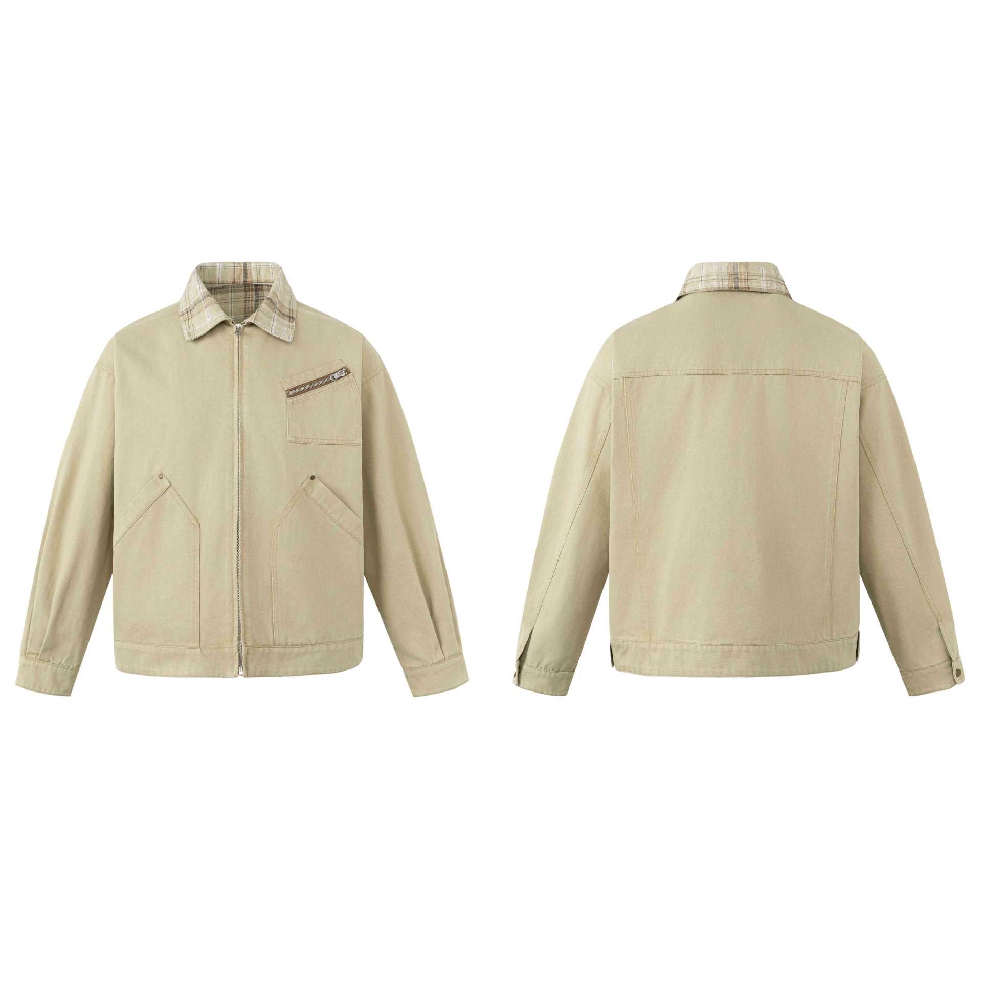 Men's short-cut canvas workwear blouson with check collar and zip chest pocket Chichicherry