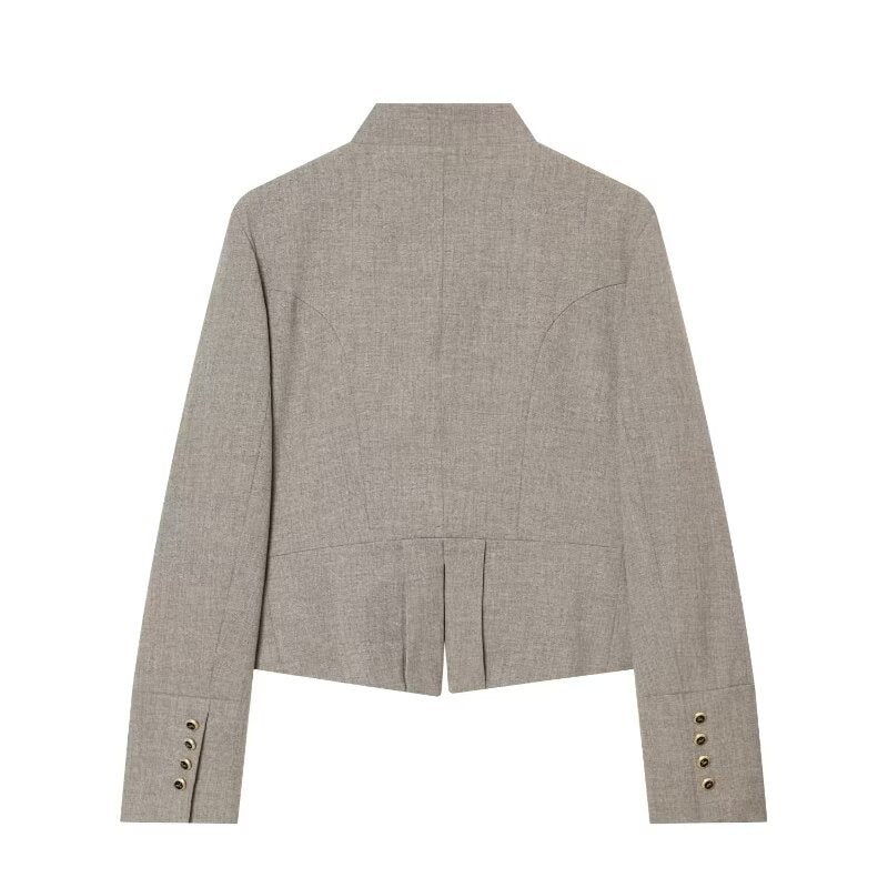 Women Cropped, tailored blazer with stand-up collar, double decorative button placket and asymmetrical hem Chichicherry