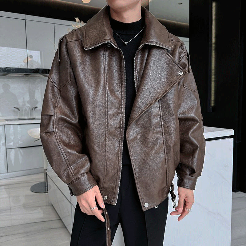 Herren Oversized Lederjacke mit weitem asymmetrischen Revers und Taillengürtel Chichicherry
