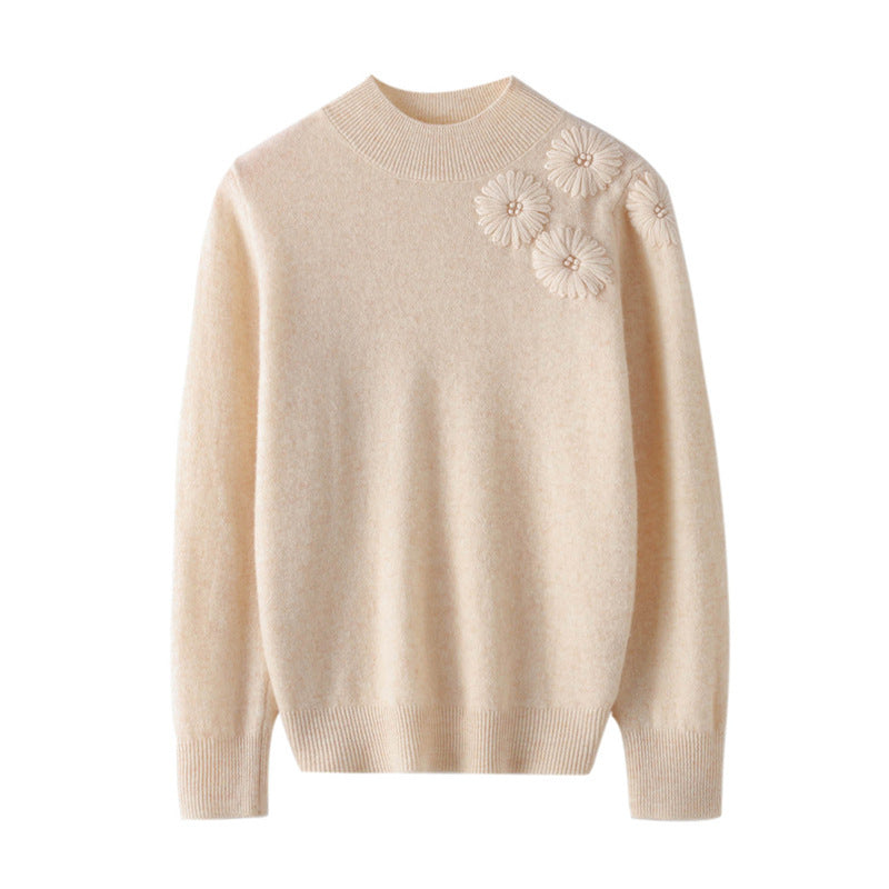 Women Soft Fine Knit Sweater with Short Stand-Up Collar, 3D Flower Application and Ribbed Cuffs Chichicherry