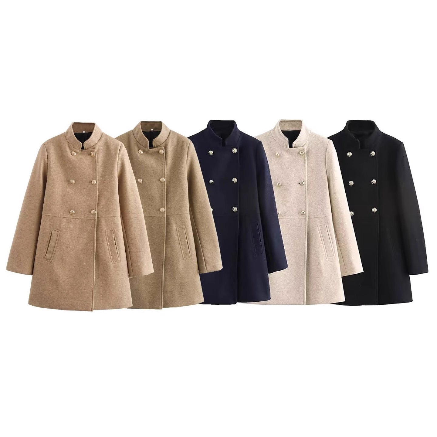 Women's Double-Breasted Wool Blend Coat with Stand Collar and Decorative Buttons Chichicherry