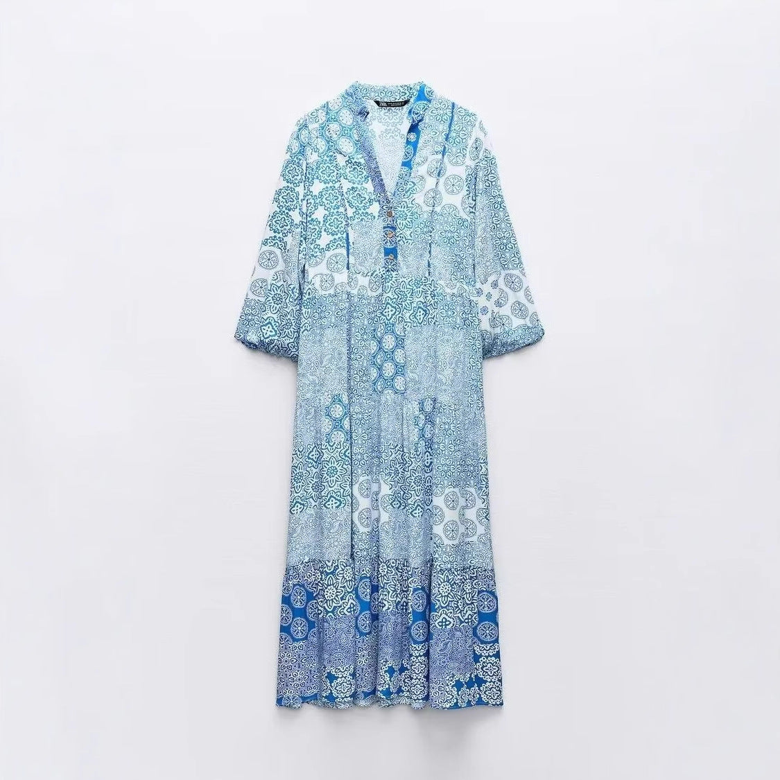 Women's maxi dress in patchwork print with V-neck, tiered skirt, and 3/4 sleeves Chichicherry