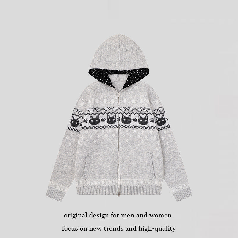 Women's Hooded Knit Jacket with Norwegian Pattern, Double Zip and Kangaroo Pockets Chichicherry