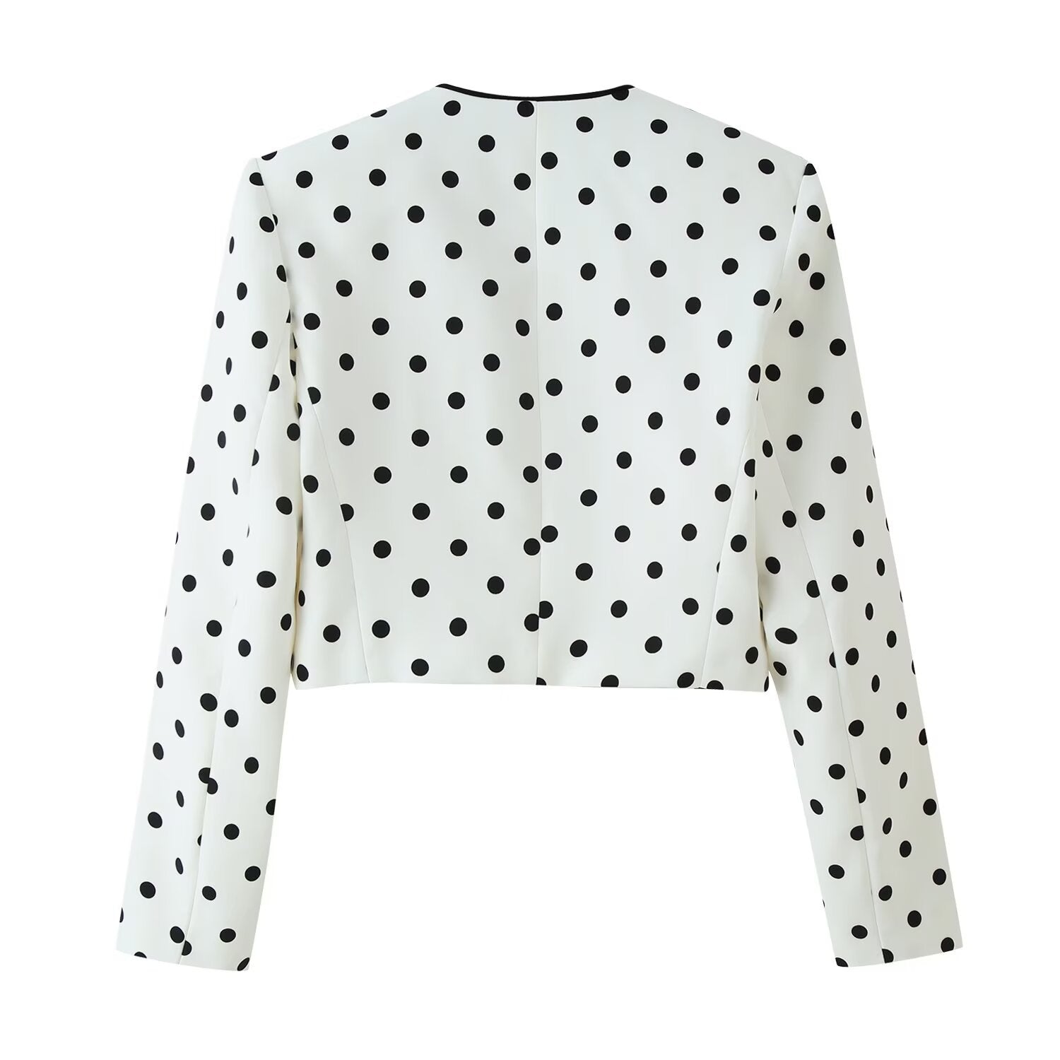 Women's short blazer in polka dot design with black contrast piping and round neck Chichicherry