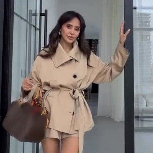 Women Tailored Short Jacket with Belt and Dropped Sleeves Chichicherry