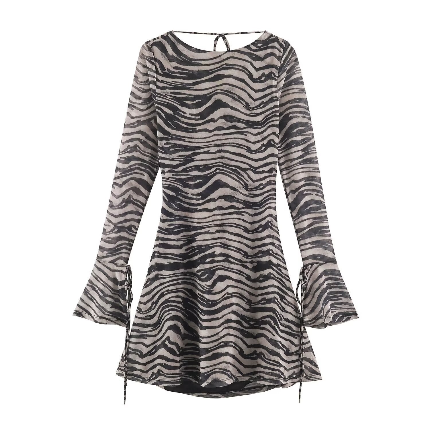 Women Semi-Transparent Mesh Tunic Mini Dress with A-Line, Trumpet Sleeves and Back Lacing Chichicherry