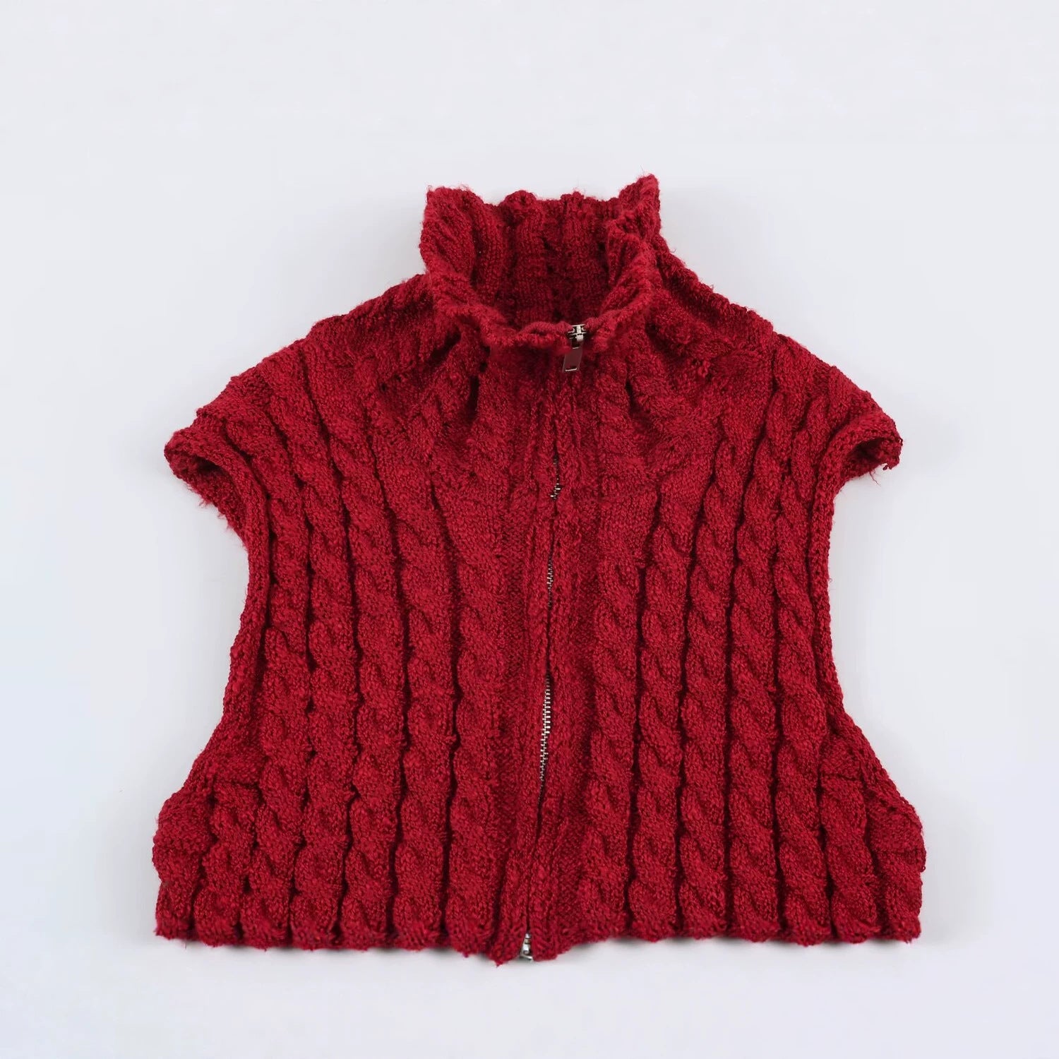 Women Sleeveless Cable Knit Vest with Stand-Up Collar and Full Zipper Chichicherry