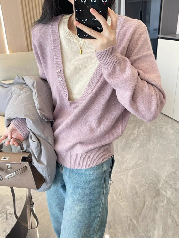 Women's Deep V-Neck Fine Knit Sweater with Layering Effect and Light Waist Definition Chichicherry