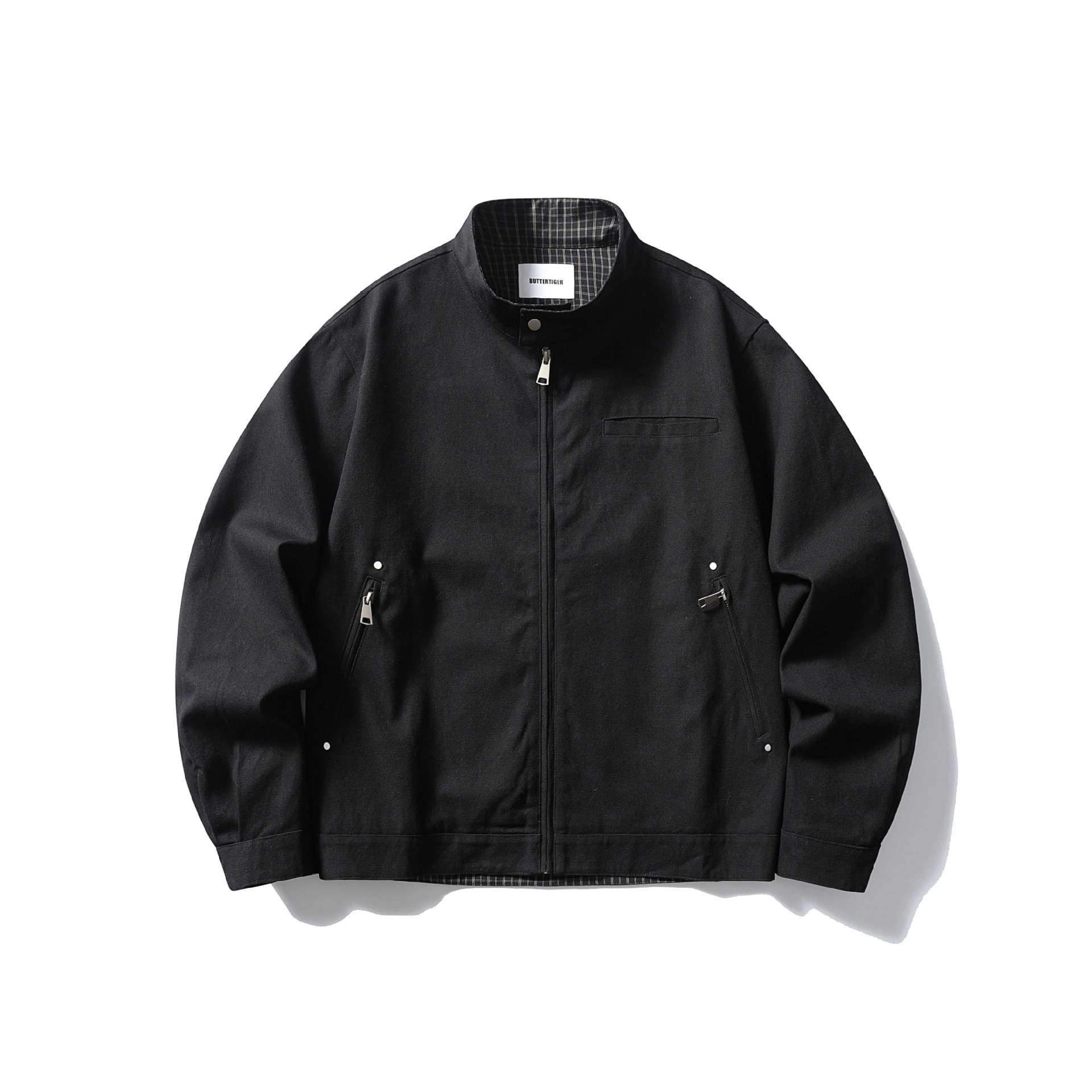 Men's short jacket with stand-up collar, concealed zipper, and checked inner lining Chichicherry