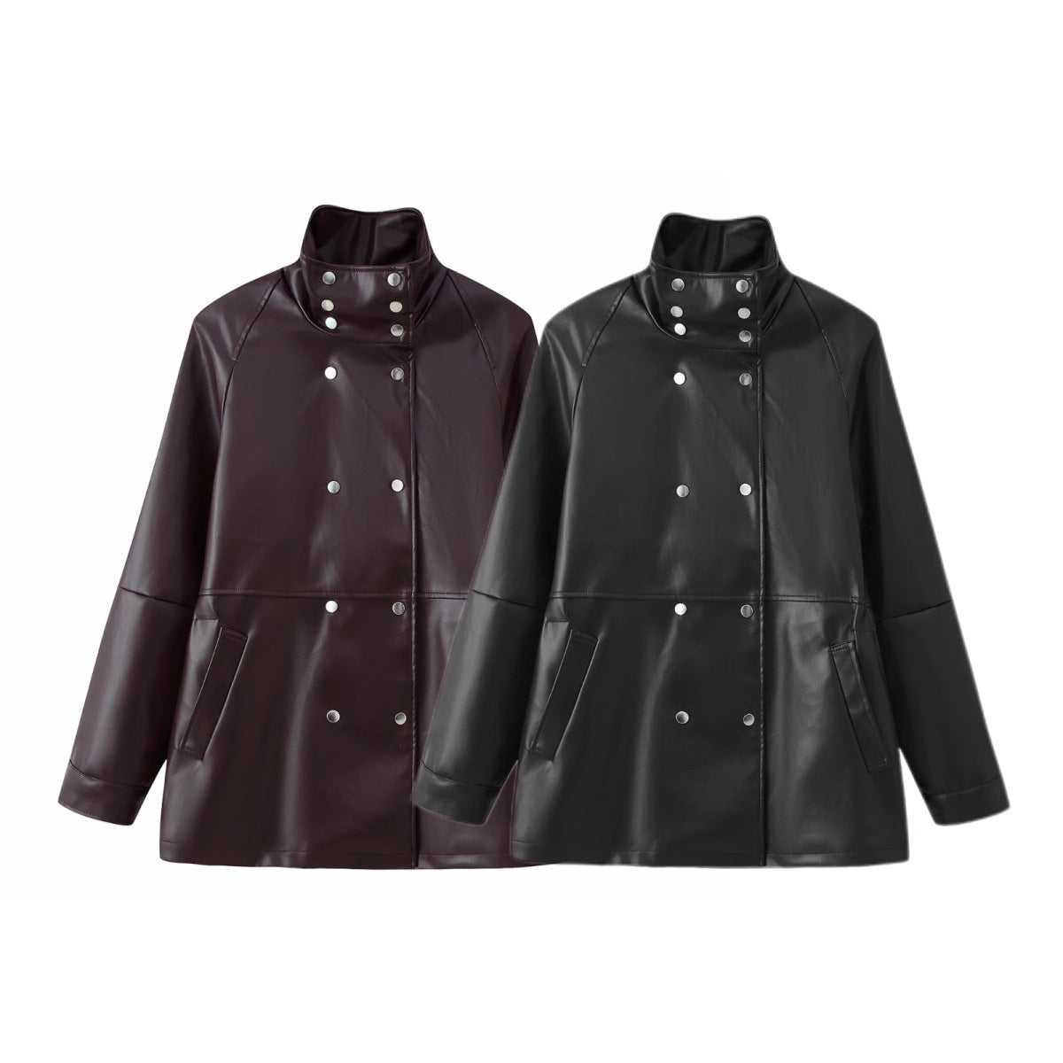 Women's Mid-Length Faux Leather Coat with High Stand-Up Collar and Double-Breasted Snap Buttons Chichicherry
