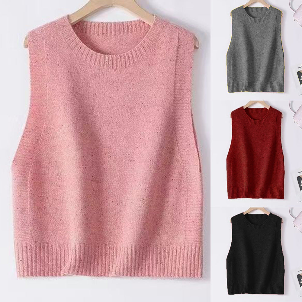 Women Knitted Oversize Sleeveless Vest with Round Neckline and Ribbed Cuffs Chichicherry