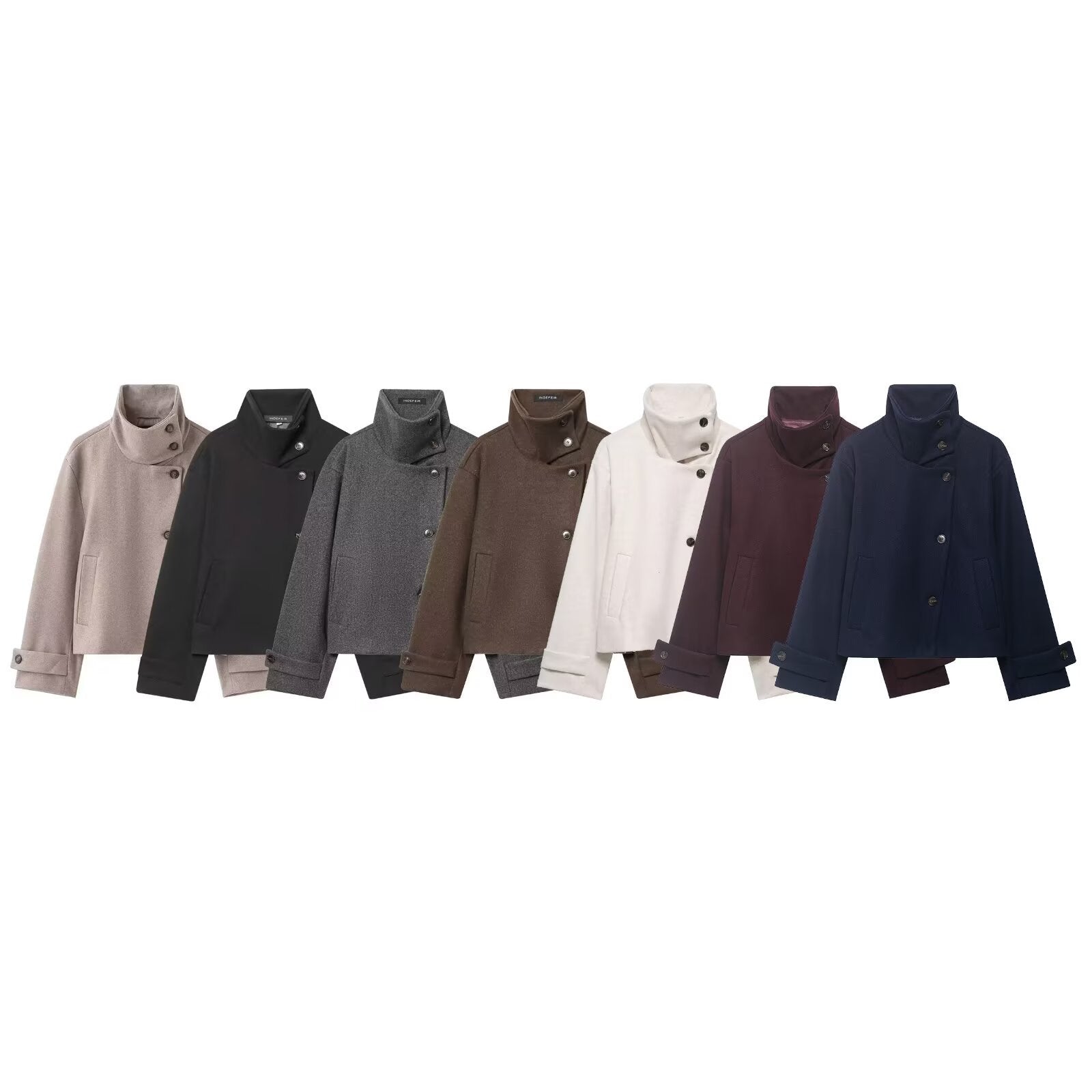 Women's Short Boxy Wool Coat with Asymmetrical Button Placket and Stand-up Collar Chichicherry