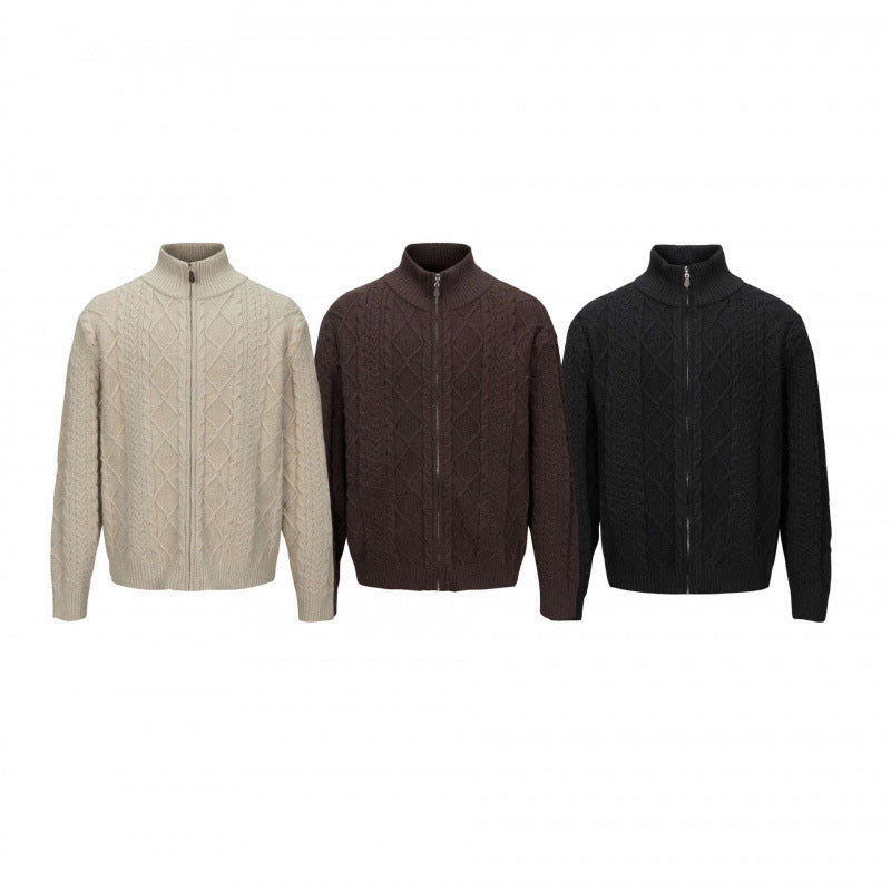 Men's Cable Knit Cardigan with Full Zip and High Ribbed Collar Chichicherry