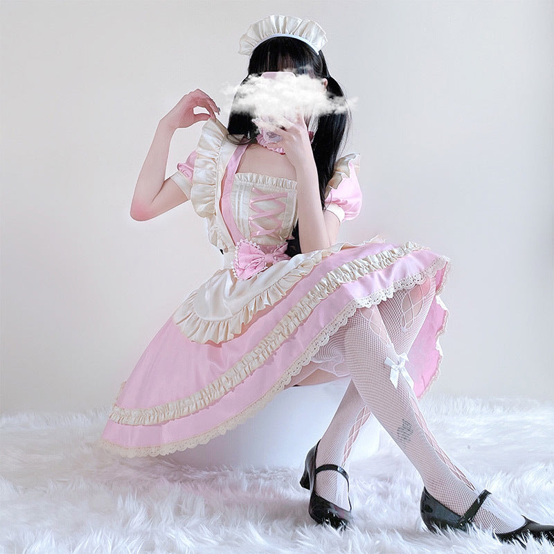 Ladies playful maid dress with ruffle details and satin accents Chichicherry