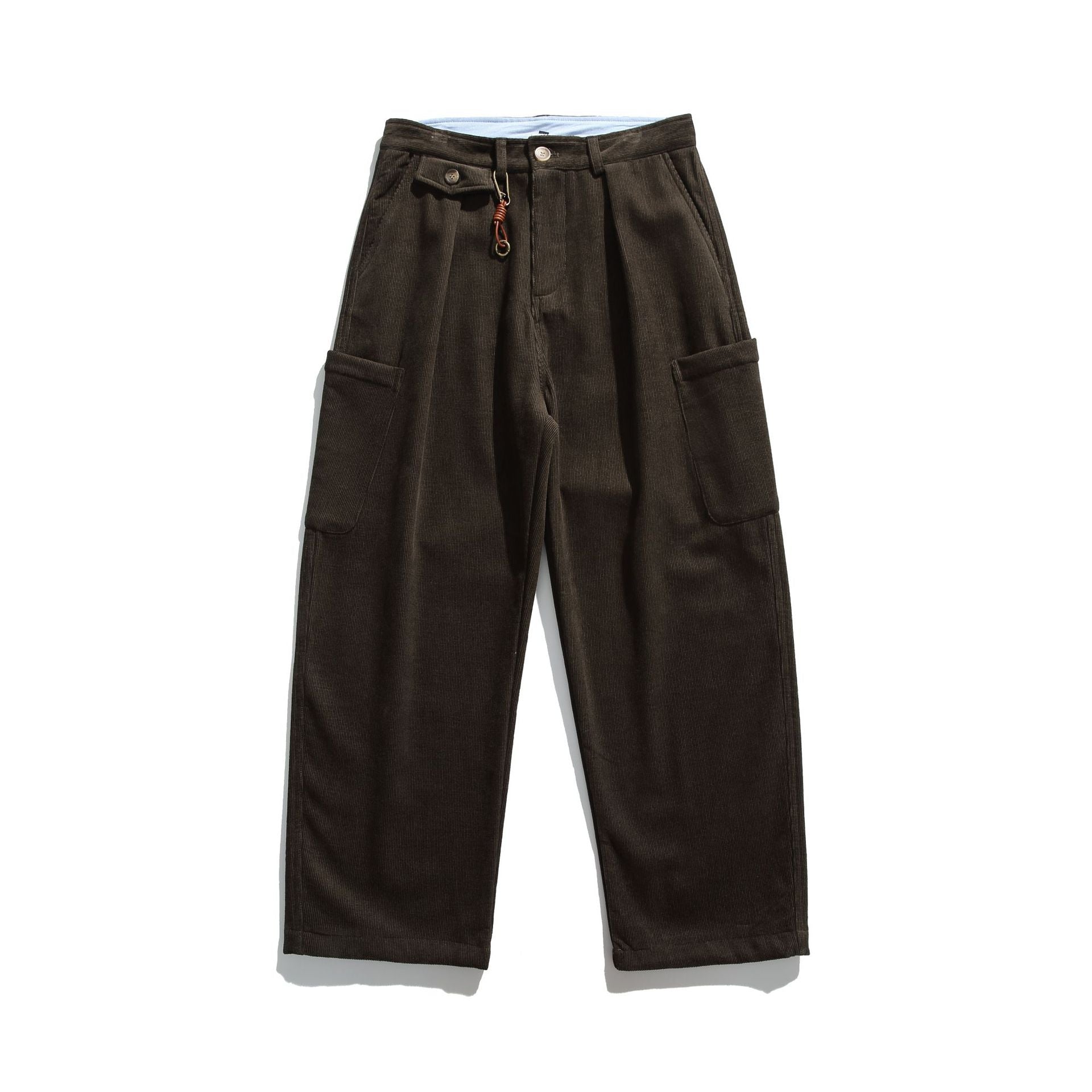 Men's Corduroy Cargo Pants with High Waist, Wide Leg and Flap Pockets Chichicherry