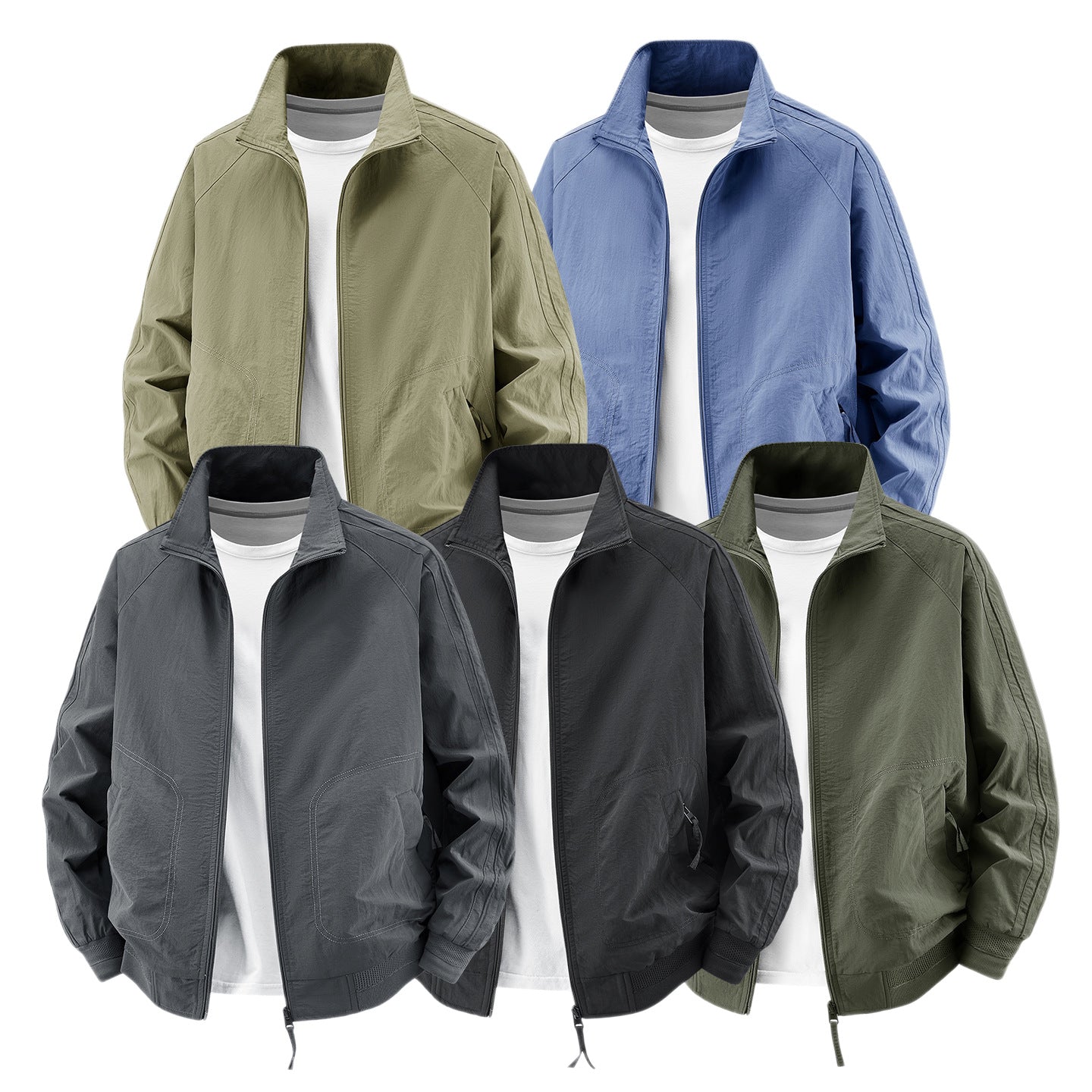 Men's Light Utility Bomber Jacket with High Stand Collar and Large Round Pockets Chichicherry
